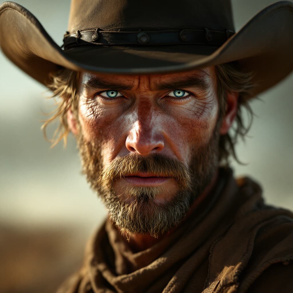 AI generated: A weathered cowboy with a leather hat and deep blue eyes, hyper-realistic style, soft morning light,...