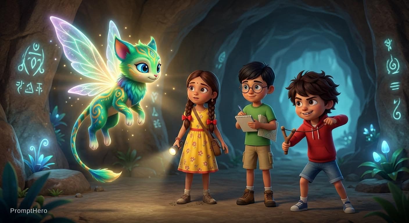AI generated: "Inside a magical 3D cartoon cave, Tikky, a vibrant and mystical creature, hovers in front of three ...