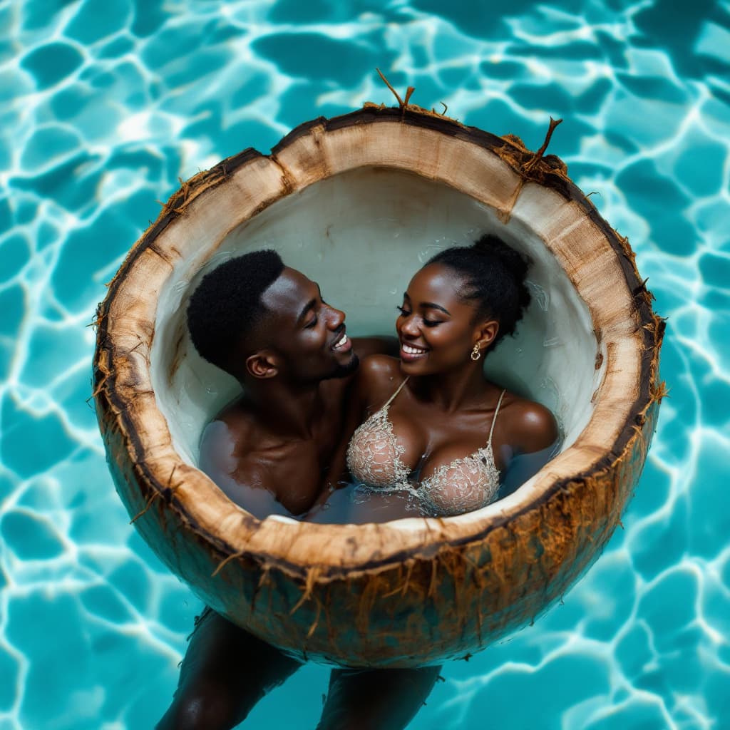 AI generated:  black African male and female inside a swimming pool  in a tender coconut shell . with a black male...