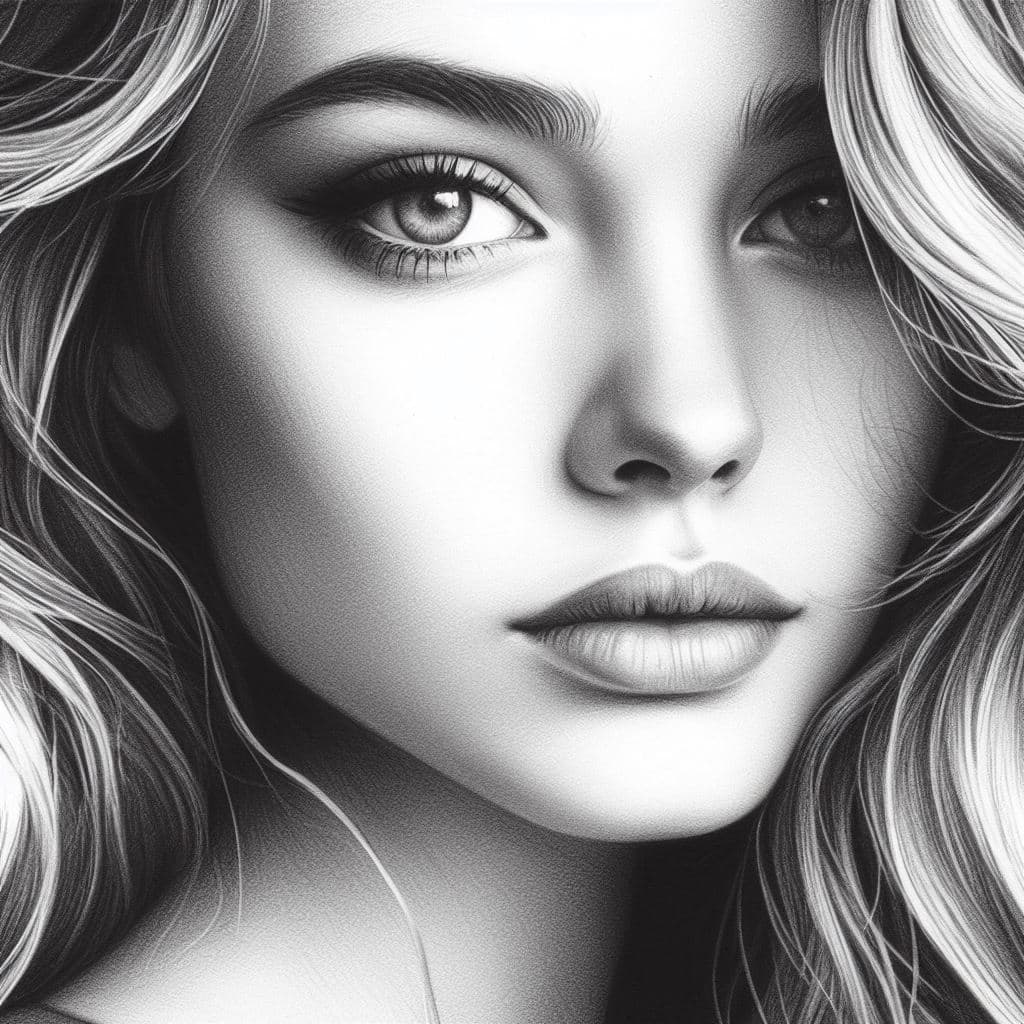 AI generated: pencil drawing, beautiful girl, looking stunningly into the camera, waivy hair
