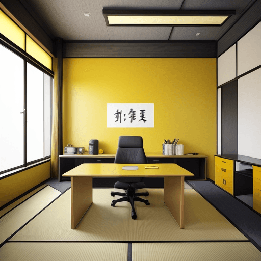 AI generated: designer office, Japanese style, minimalism, gray and yellow colors