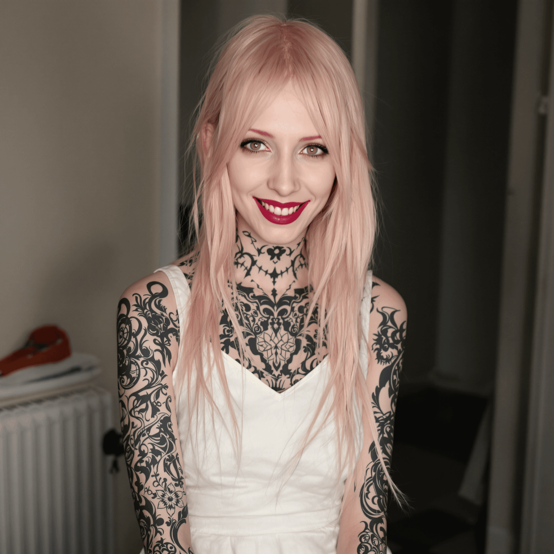AI generated: High resolution photography 8K of an anorexic tall and slender 25-year-old woman with long, pink hai...