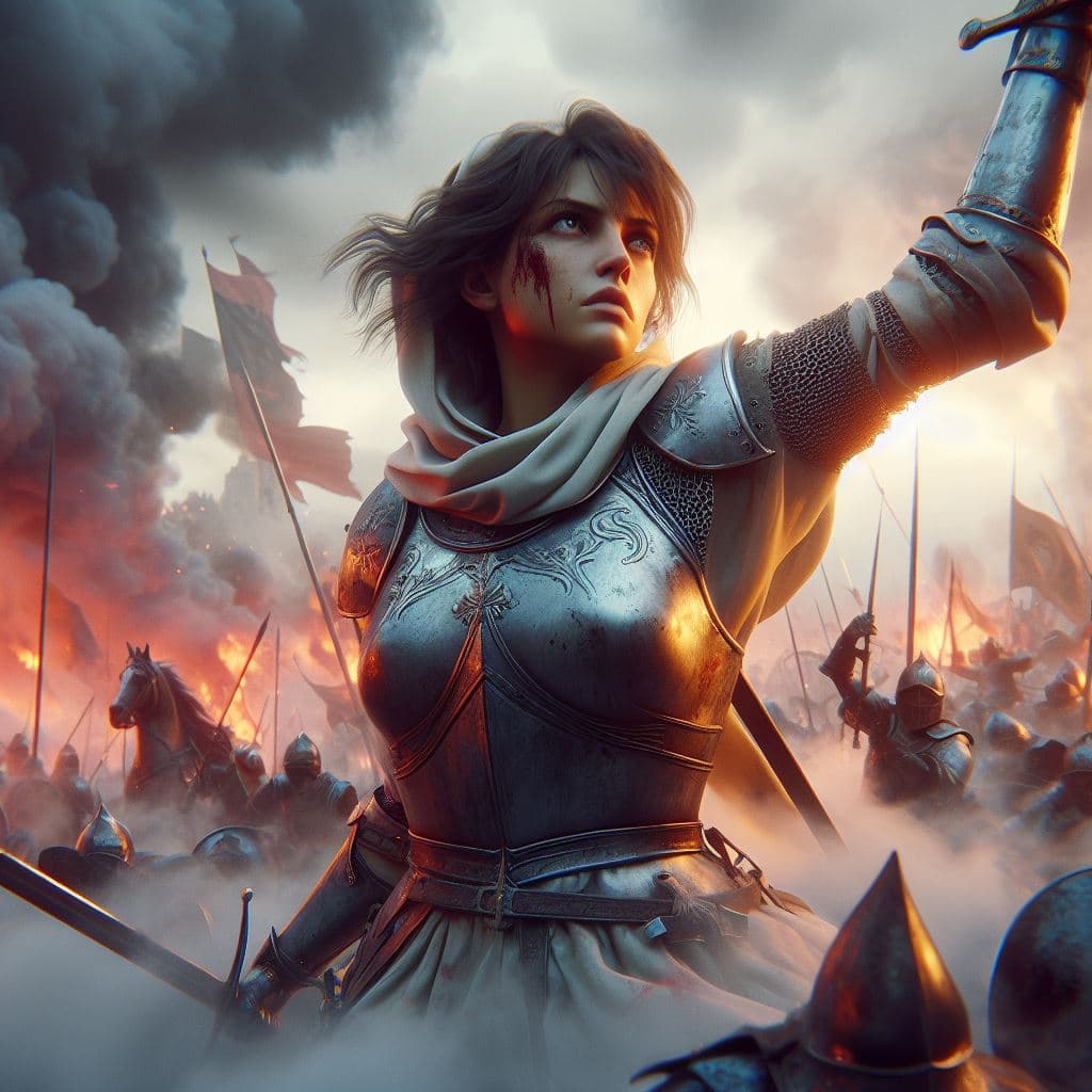 AI generated: Hyper realistic Jeanne d'Arc character design, smoke , photorealistic , octane render, unreal engine...