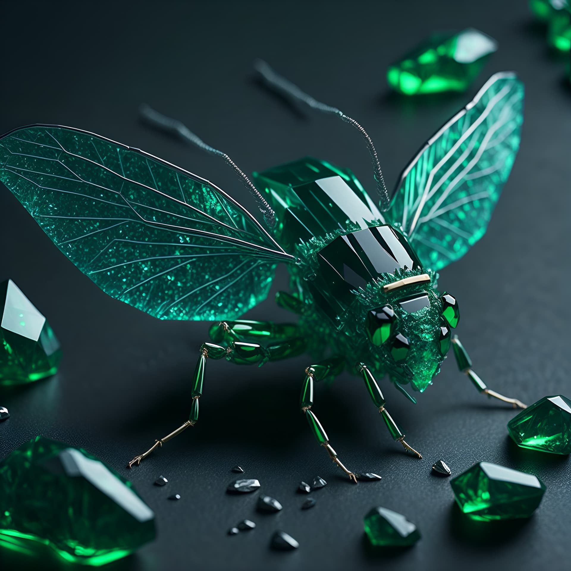 AI generated: macro insect sparkling green emerald with reflections inside other crystals, surrounded by diamonds ...