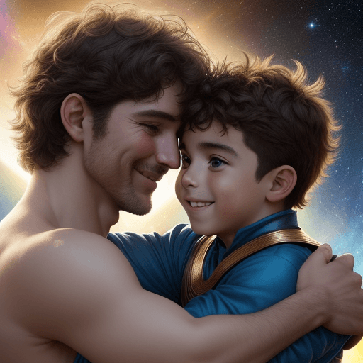 AI generated: Father and son smiling, sunshine, galaxies nest them, they are hug 🤗 each other, intelligent, sport...
