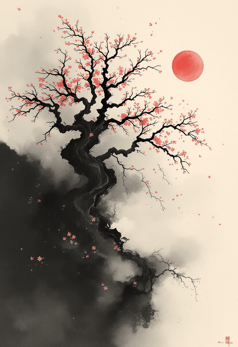 AI generated: Abstract ink wash painting, inspired by a misty Japanese landscape with a stylized cherry blossom tr...