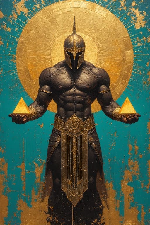 AI generated: Divine dark warrior standing under a radiant golden sun, holding glowing crystal pyramids in both ha...