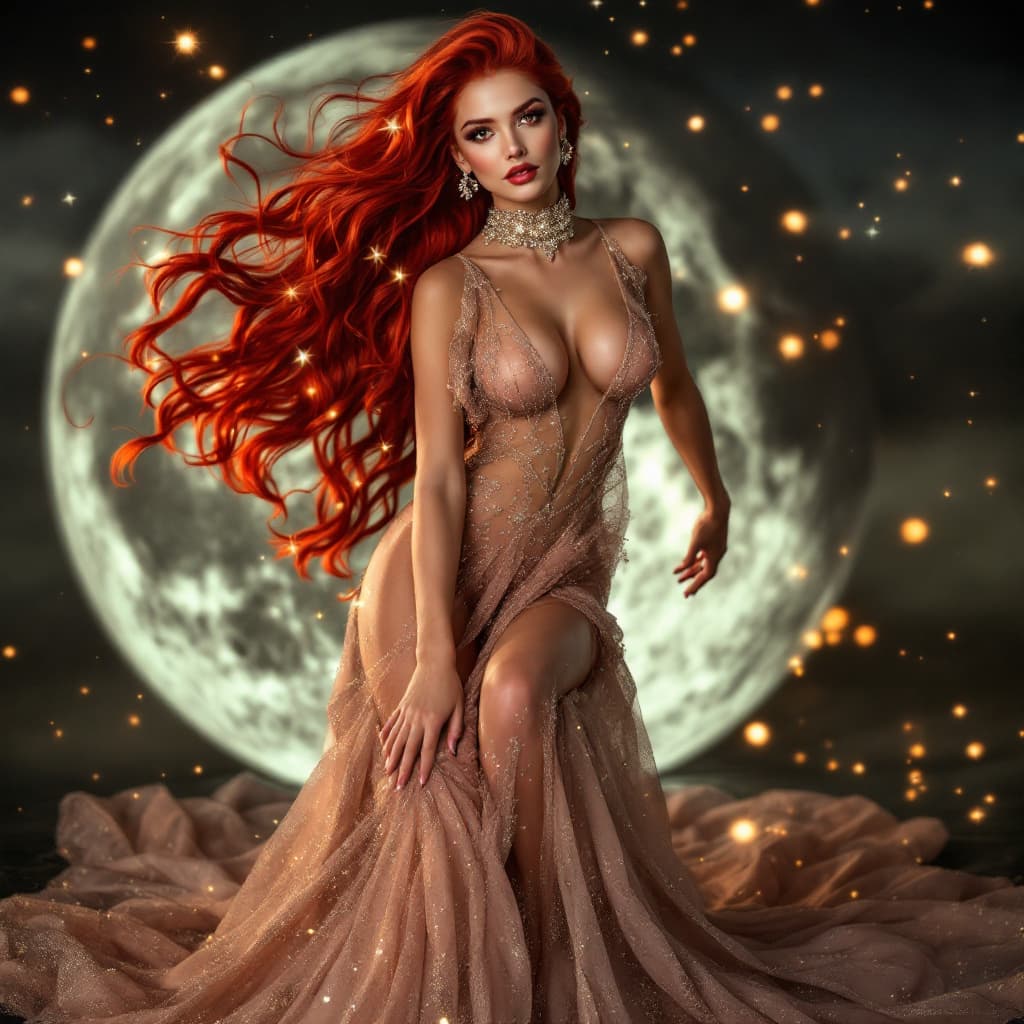 AI generated: elegant woman, red hair, sparkling hair, long legs, seductive beauty, minimal attire, moonlight, pho...