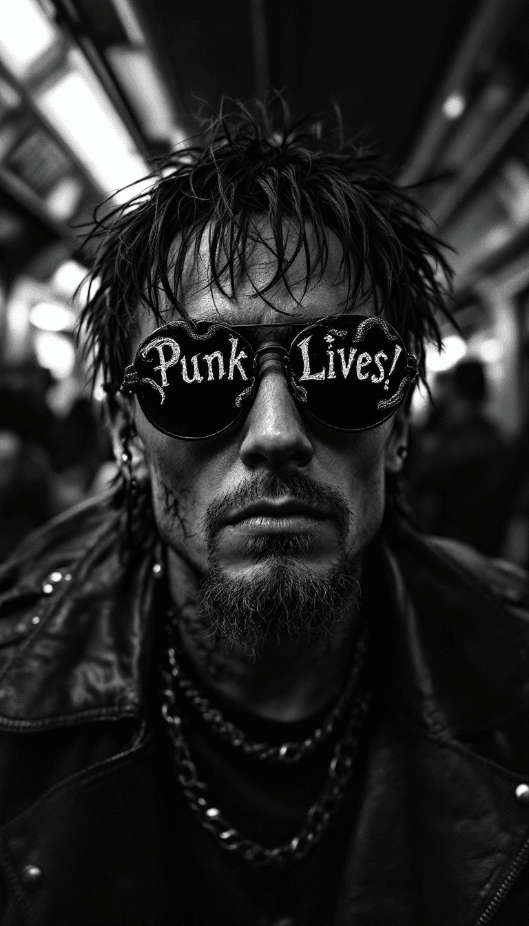 AI generated: Rockstar anime model character macroview portrait inside a citt metro with punk style people,B&W pho...