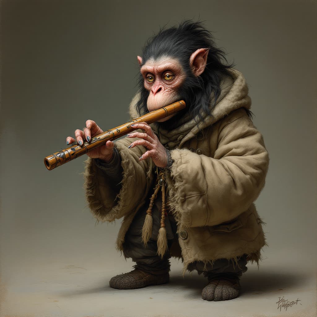 AI generated: a simiah woman from daggerheart, she is humanoid monky, transvers flute, fantasy figur, a puffy wool...