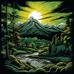AI generated: Landscape vector, mountains, river, trees, clouds, green and blue, artist Alan Moore, electric arc, ...