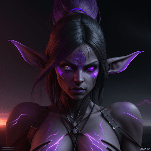 AI generated: Photo of a ultra realistic dark elf woman, perfect anatomy, frantic light, violet sunrise, explosive...