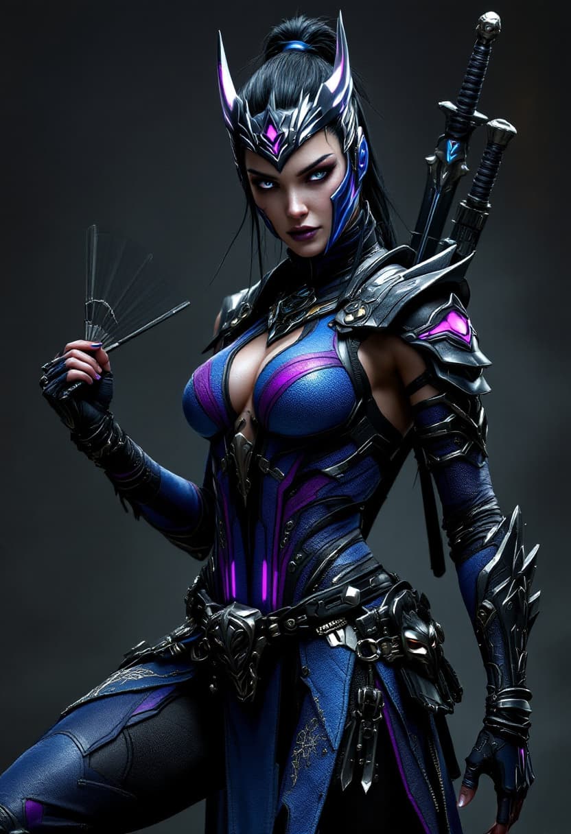 AI generated: Ultra-realistic cyberpunk Kitana,Mortal Kombat character,wearing an intricate warrior suit,blue with...