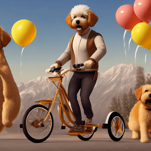 AI generated: Disney movie poster, a white man walking a golden doodle with a recumbent trike as people cheer, tit...