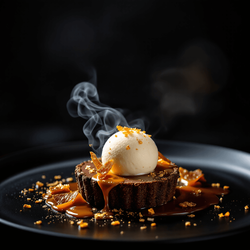 AI generated: A dramatic, close-up food photograph of a gourmet dessert plated in a fine-dining setting. The desse...