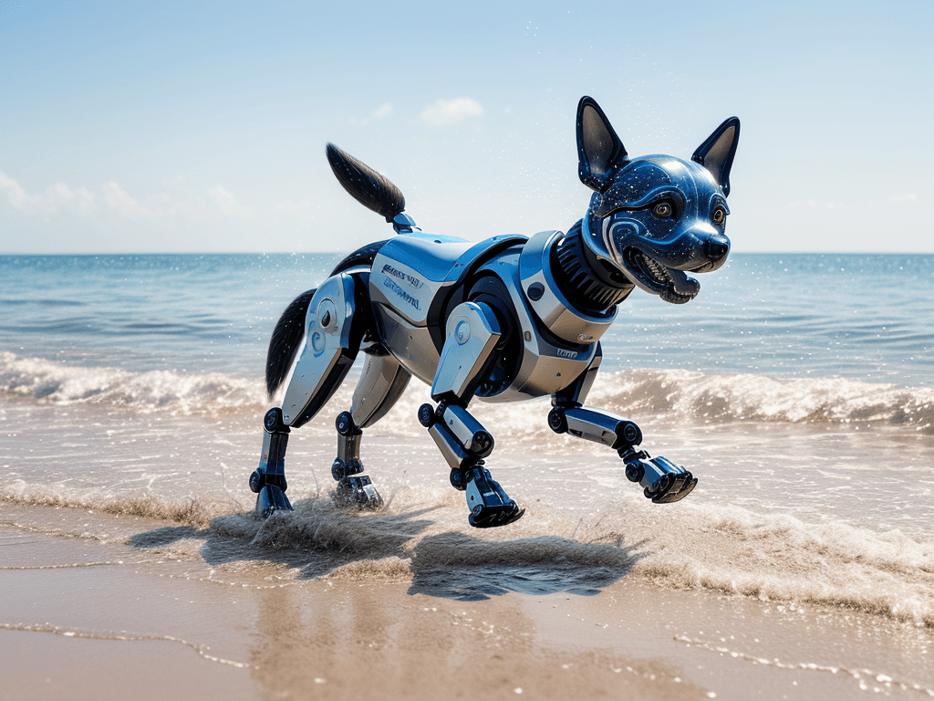 AI generated: Photo of a ultra realistic robot dog running on the beach, splashing water and sand, happy scene, su...