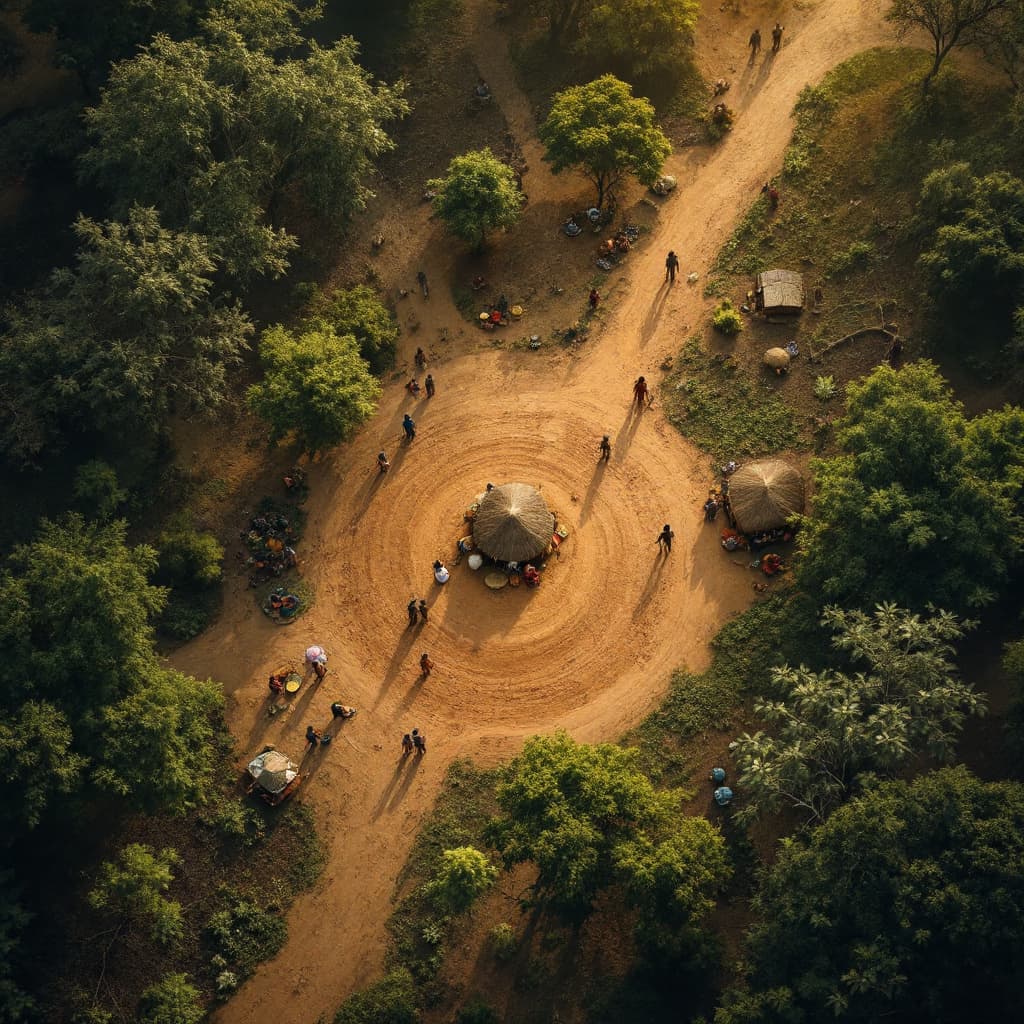 AI generated: an arial view of an african village with people going about their activities with a bit more lightin...