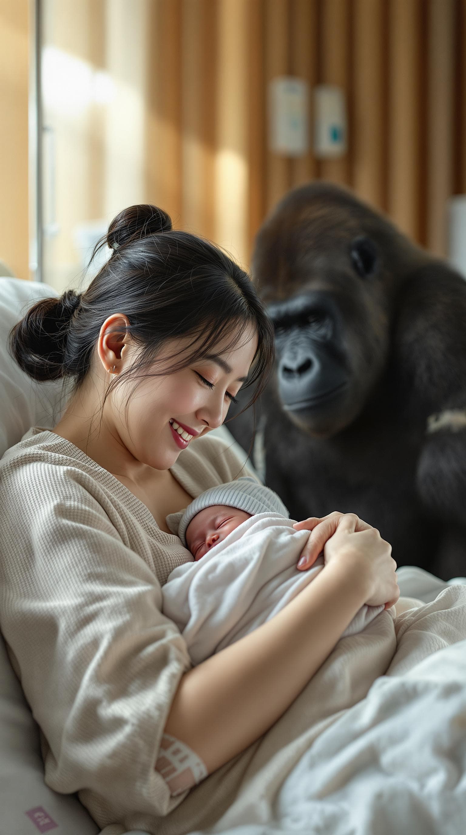 AI generated: A photo of a Korean mother in her 30s cuddling her newborn baby and smiling calmly, with a gorilla s...
