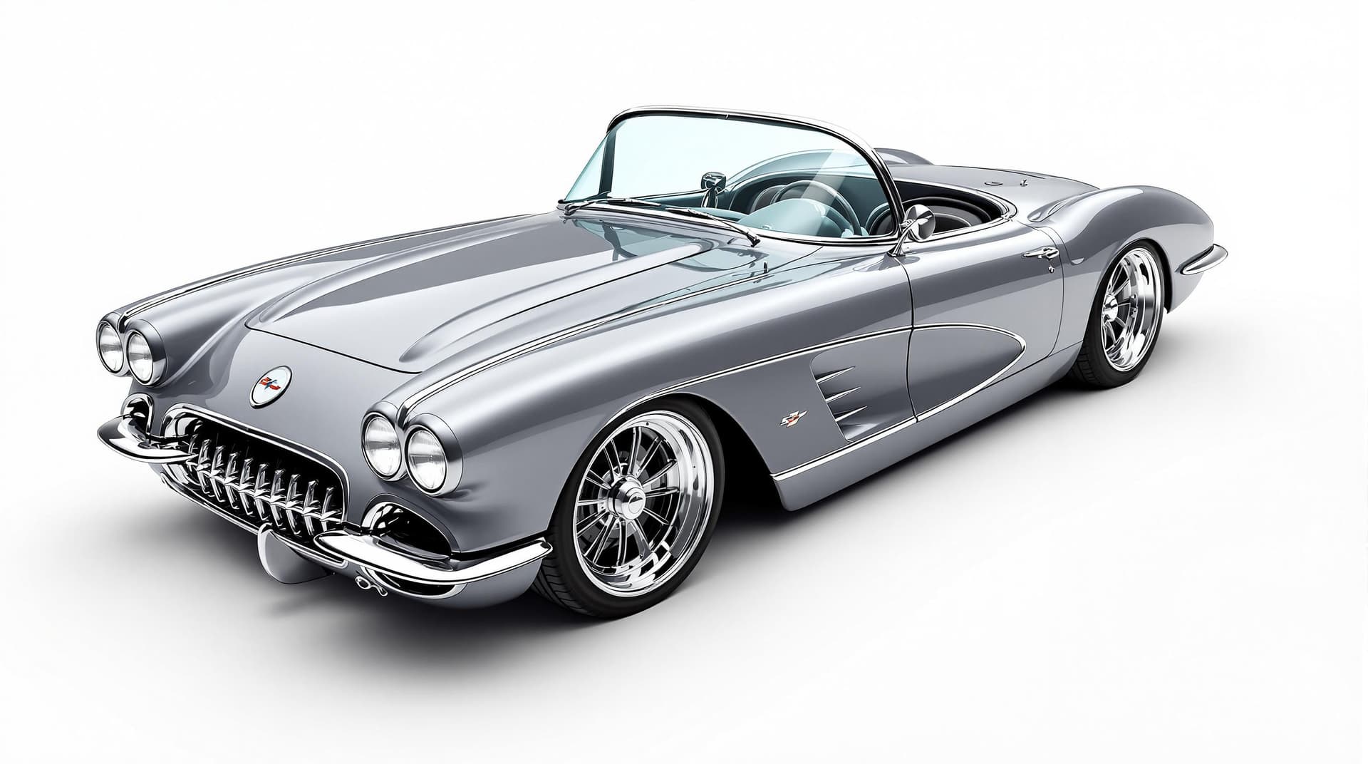 AI generated: Hyper realistic 1959 chevy corvette convertible, top front side view, gray color, restomod with 20" ...