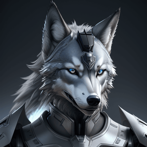 AI generated: realistic wolf nousr robot photography, front view, light blue eyes, highly detailed, silver and bla...