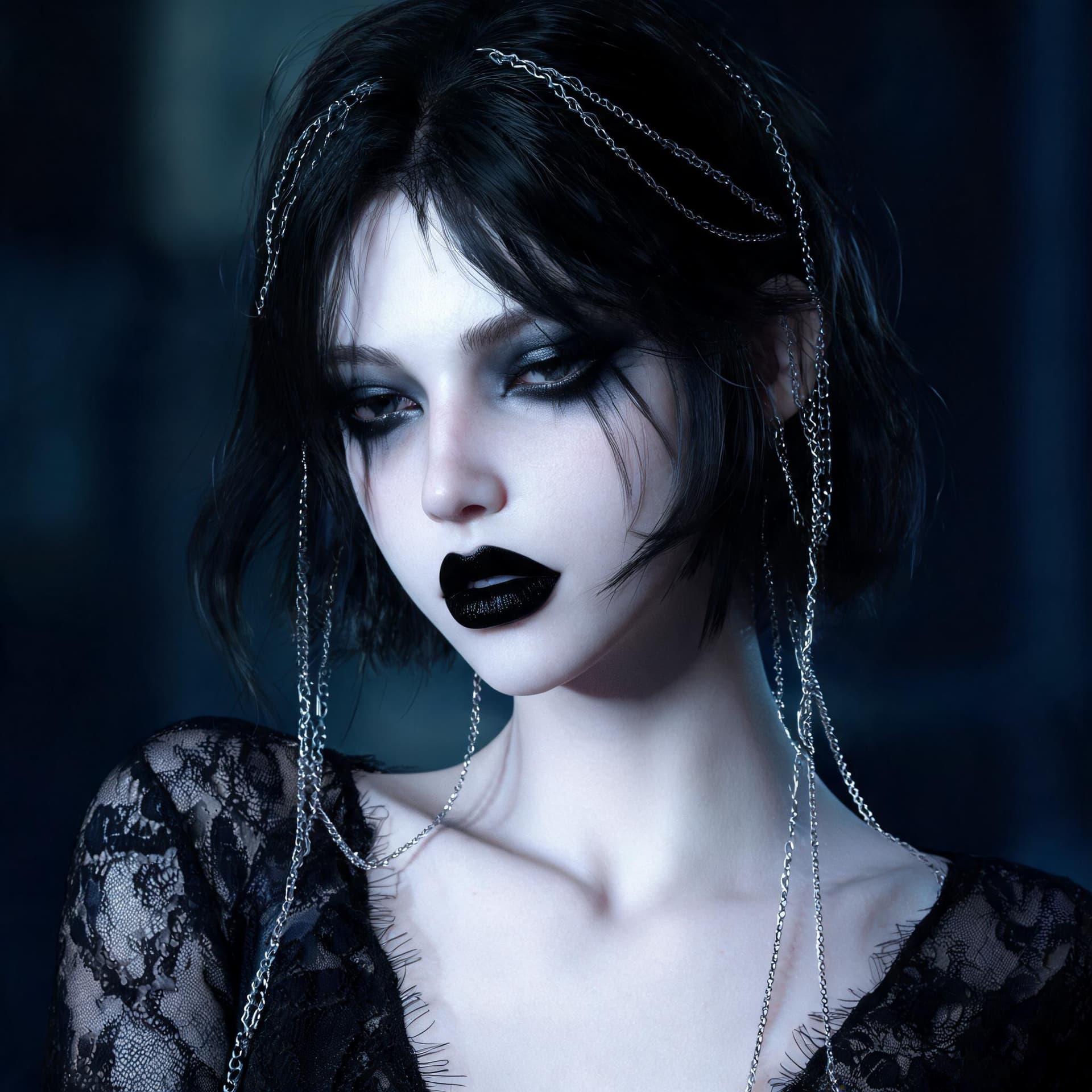 AI generated: Retrato artístico de uma mulher jovem extremamente bela com estética gótica dark, pele pálida perfei...