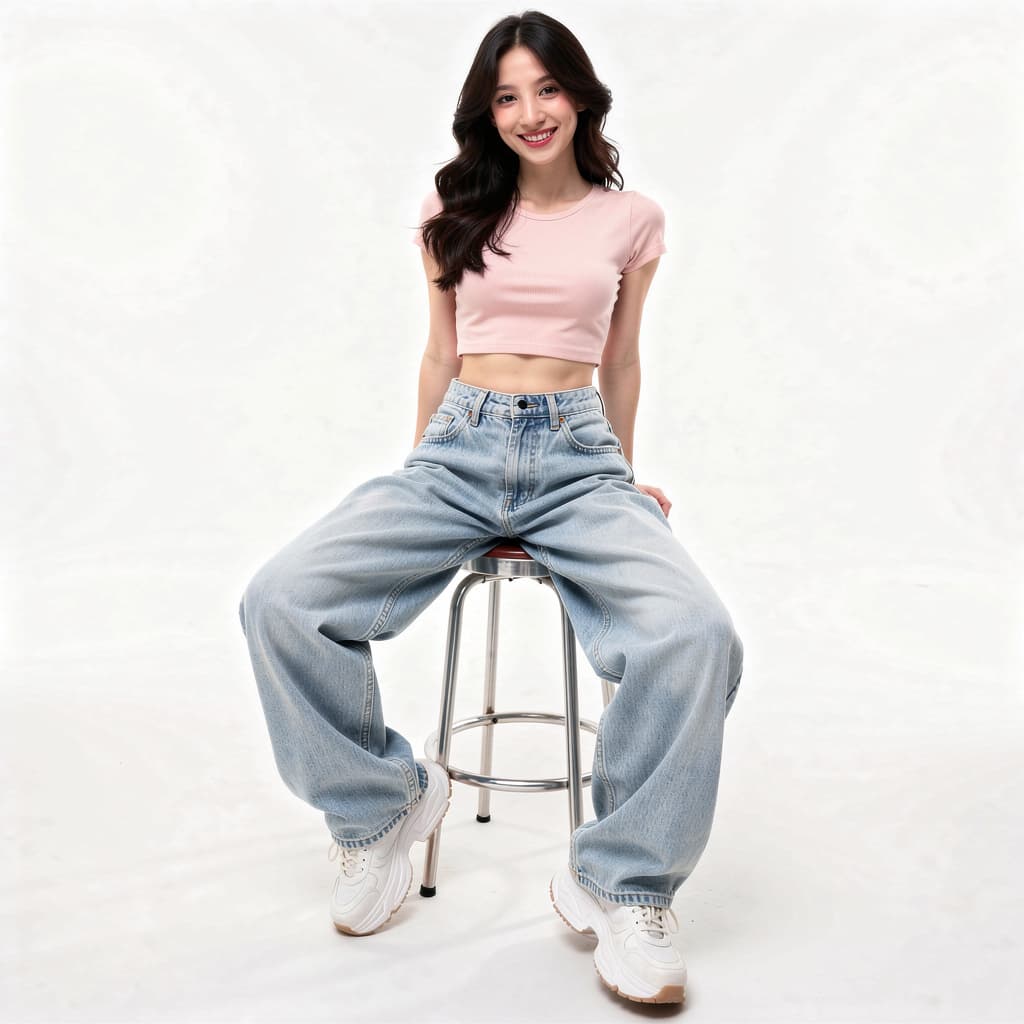 AI generated: A highly detailed, photorealistic, cinematic high-angle full-body studio shot of a cute and stylish ...