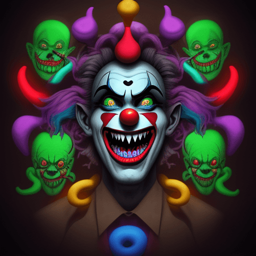 AI generated: Smiling Demonic Clown Surrounded By Monsters, A Dark Fantasy in Escher's Style, Neon Multicolored Gr...