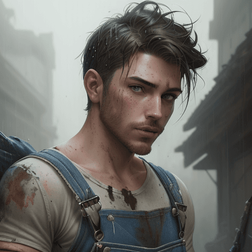 AI generated: closeup portrait, attractive male adventurer, dainty figure, single strap paint covered overalls, ra...