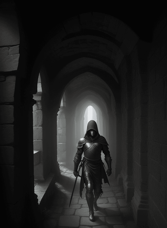 AI generated: ,The photo shows a figure in dark armor and hood holding a sword and walking through an ancient ston...