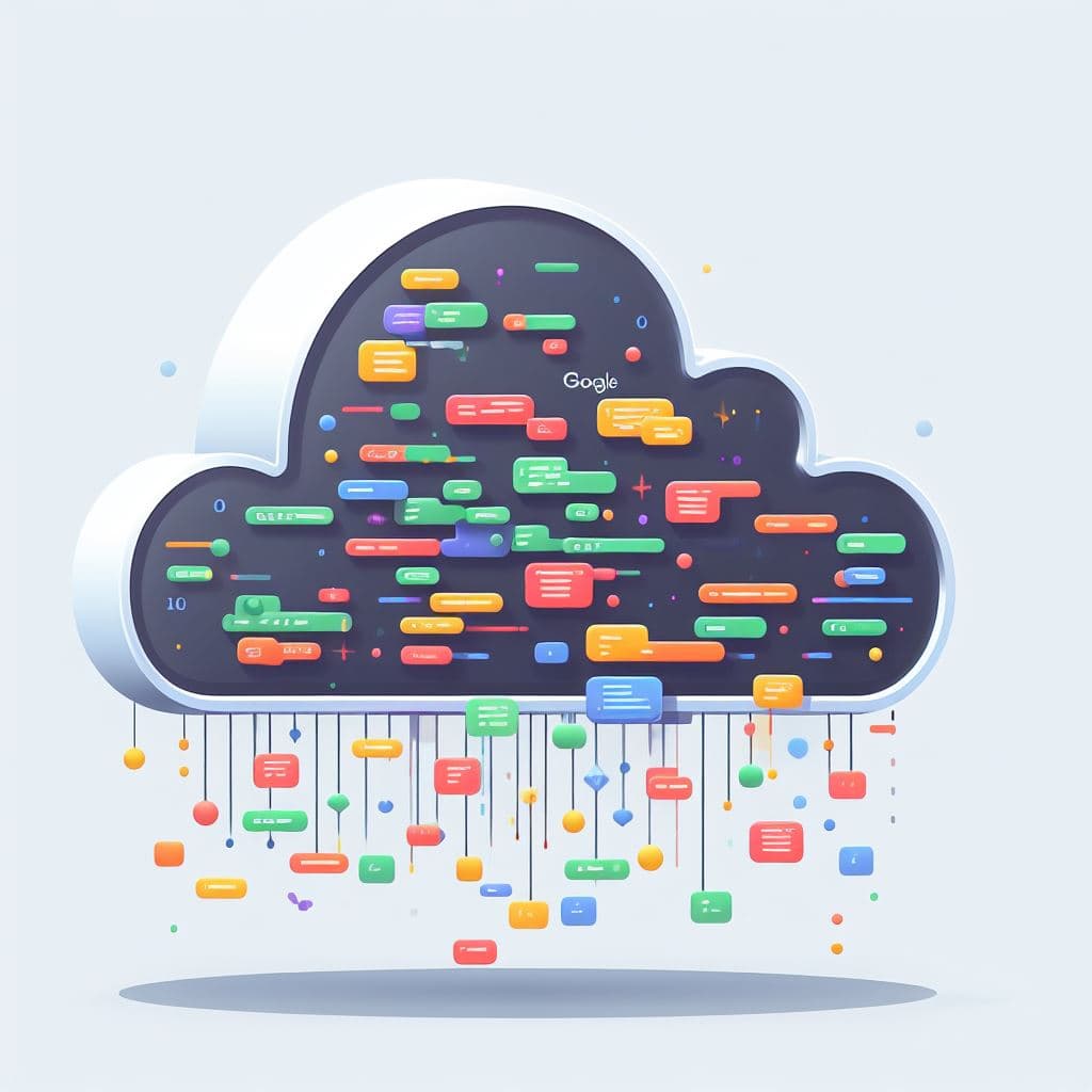 AI generated: illustration of a google cloud, falling coding data from the cloud, solid white background