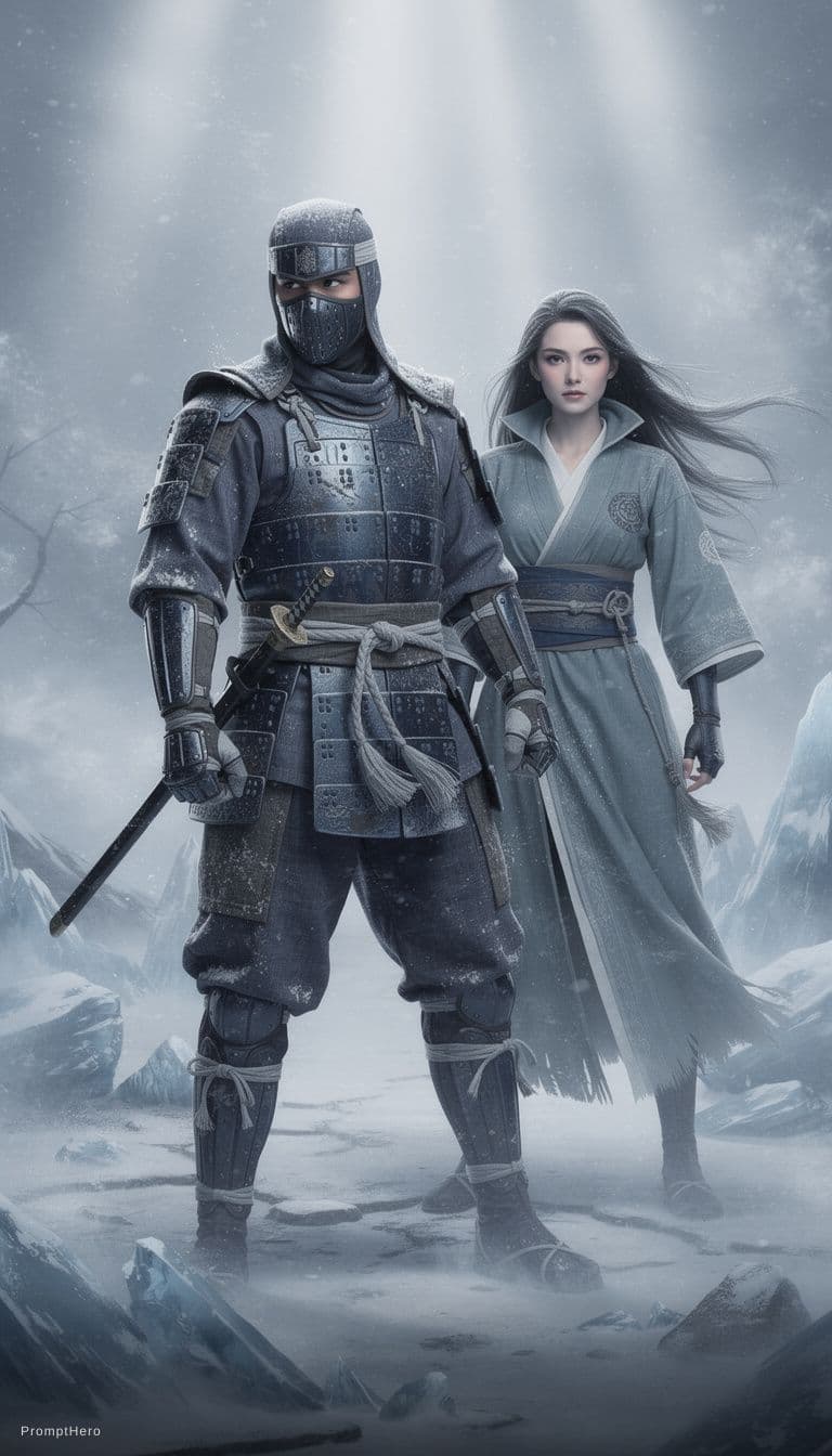 AI generated: A surreal movie scene of a Chinese ninja and a stunning beauty standing in a fierce snowstorm, holdi...