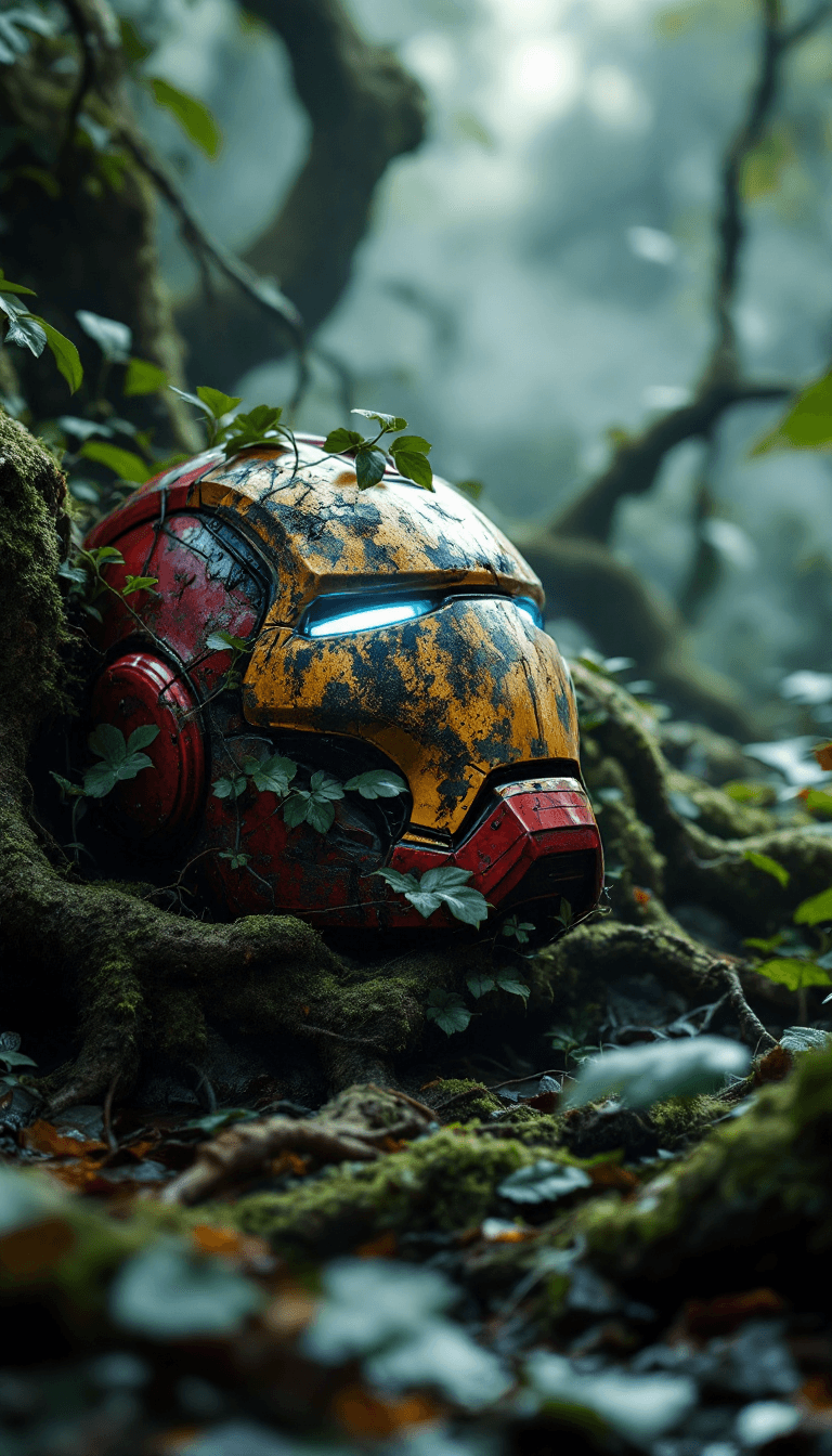 AI generated: A close-up of a heavily rusted Iron Man helmet lying abandoned on the ground in a dense, overgrown j...