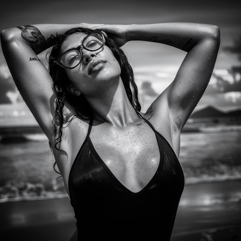 AI generated: erotica action photography,beautiful body shot,sexy black and white photograph,fine art nude,((a stu...