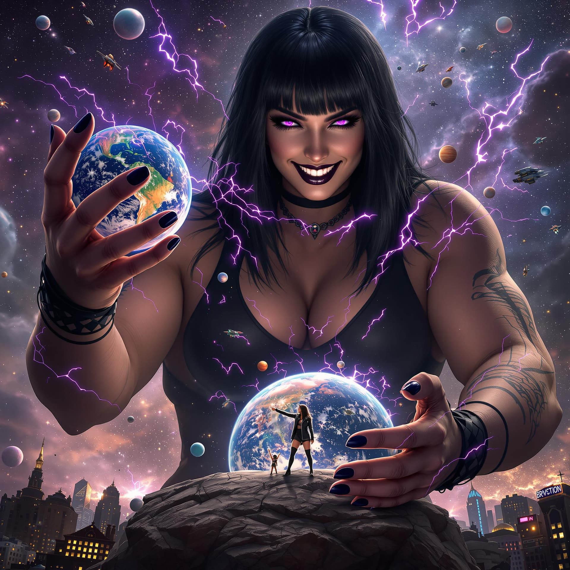 AI generated: enormous giantess female who looks like WWE superstar 
 Rhea Ripley with black medium length hair an...
