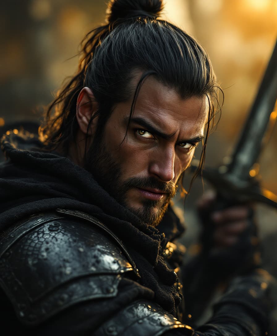 AI generated: Hyper realistic cinematic dynamatic war scene of a strong, man, faint smile muscular body,shoulder-l...