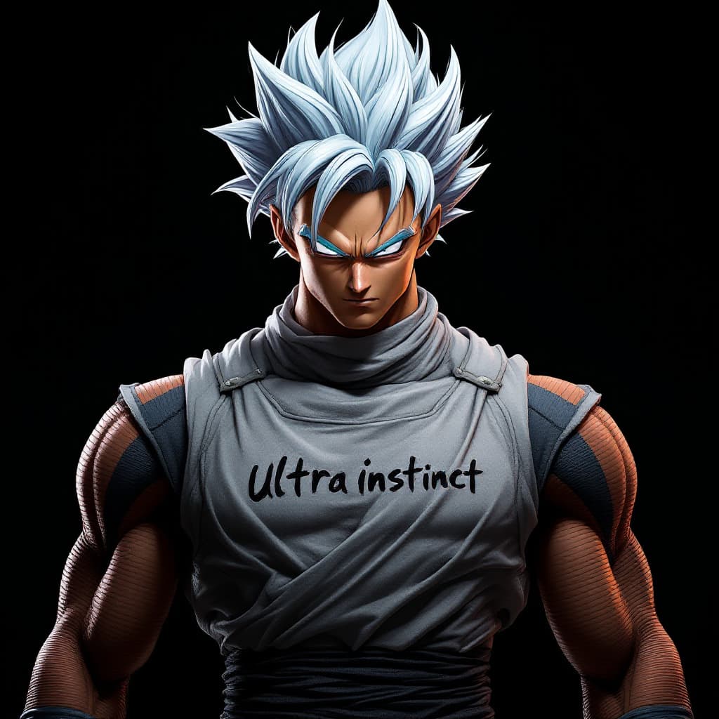 AI generated: Songoku Mastered Ultra Instinct form, wearing his training suite Written on chest fabric "VasilisBS"...