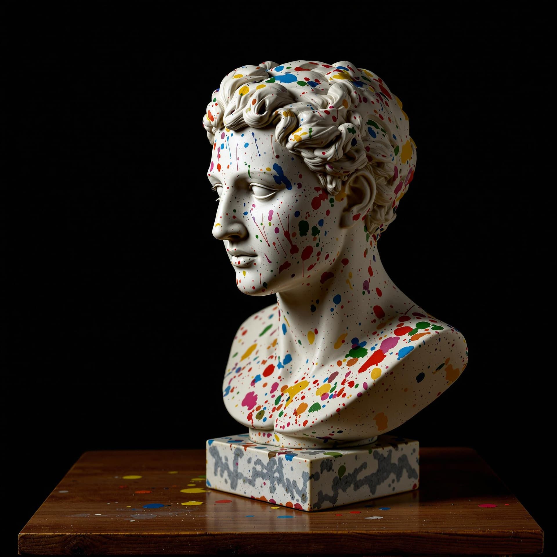 AI generated: An old marble bust sculpture splattered with colorful paint,looking side downwards,on a wooden table...