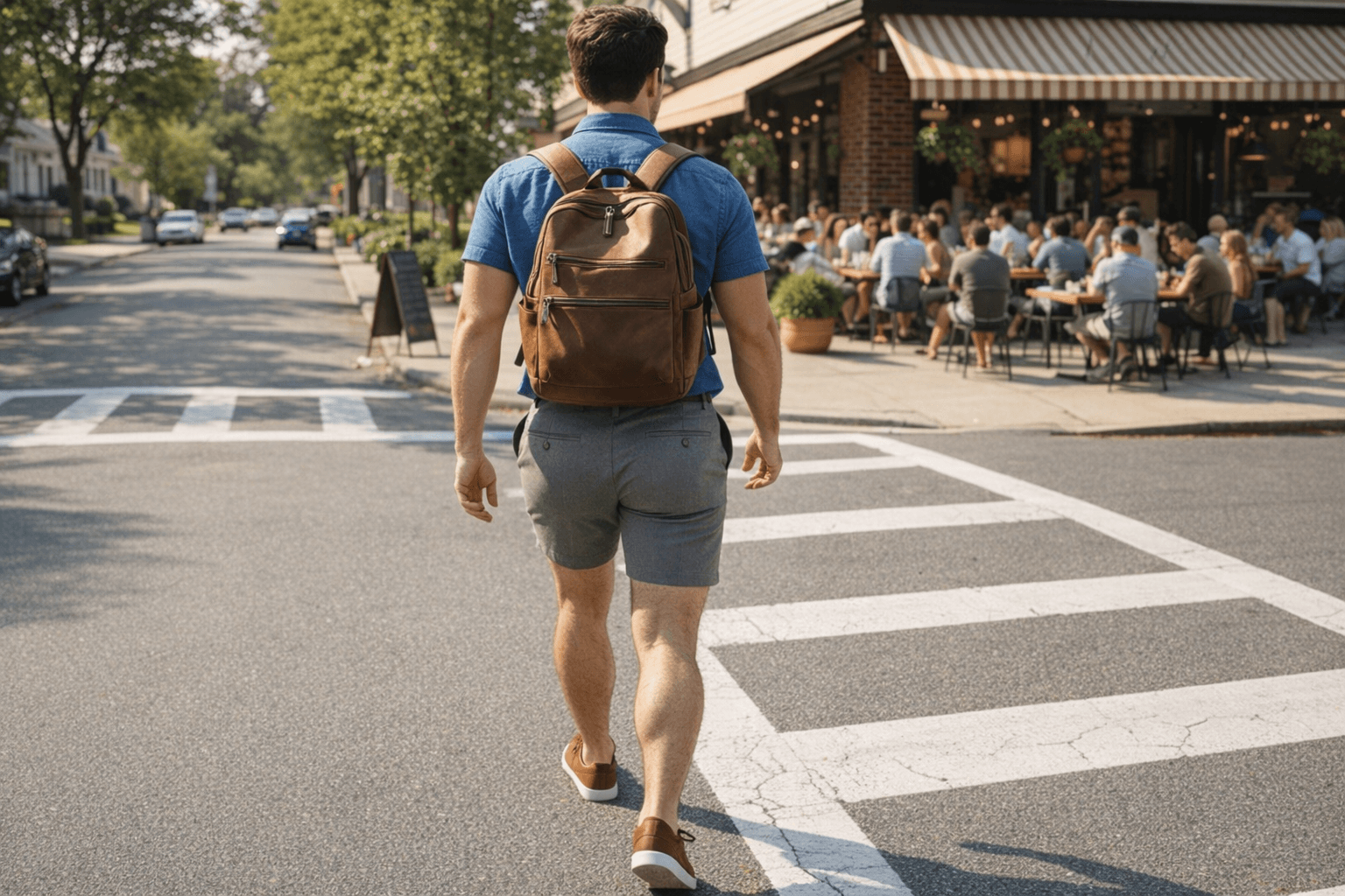 AI generated: In a sunny morning at a nice neighborhood. The model is crossing the street towards a  coffee shop f...