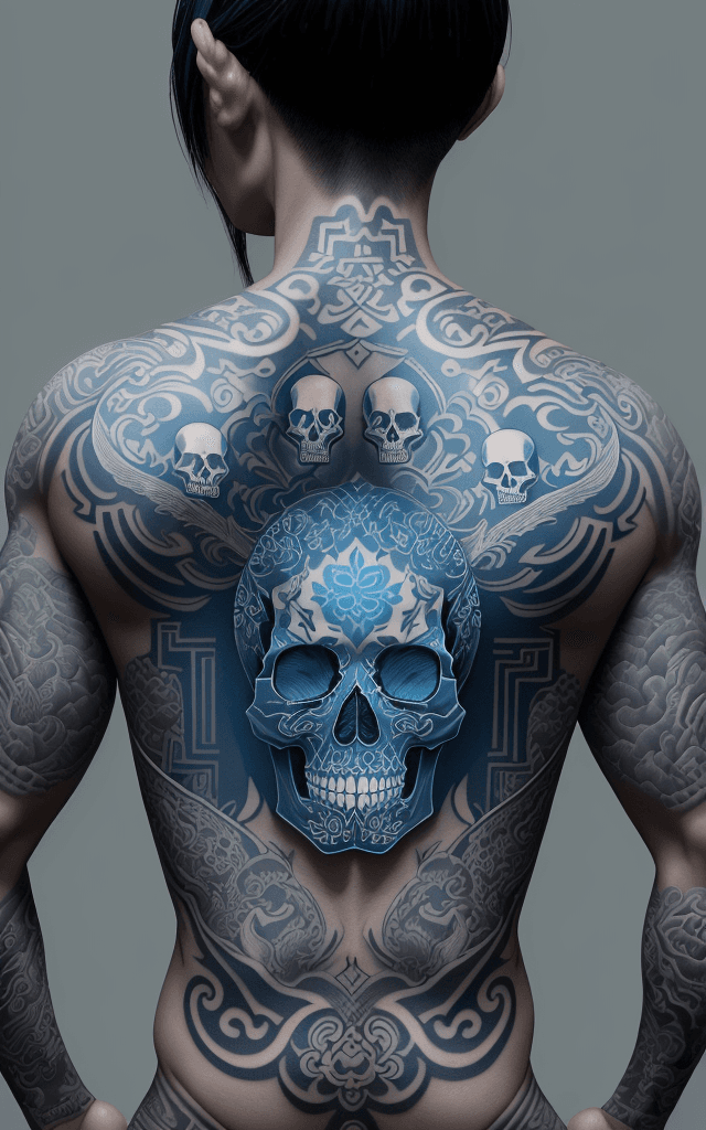 AI generated: two sets of asian tattoo design designs on a blue background, in the style of black and white realis...
