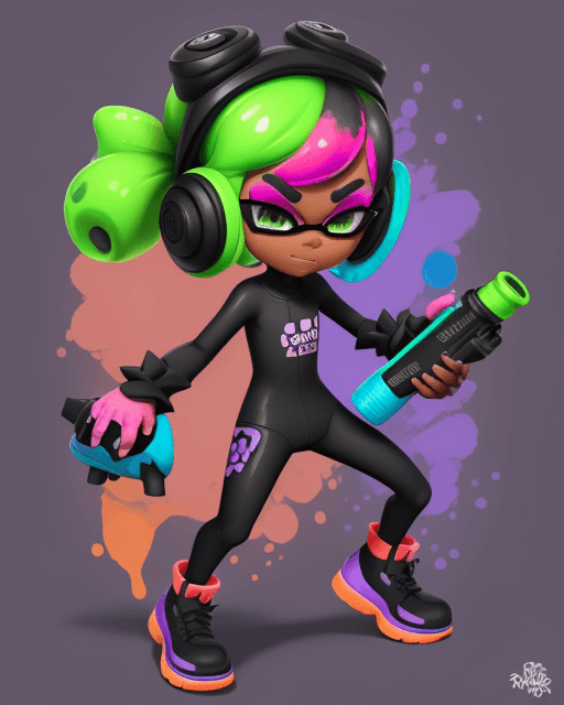 AI generated: splatoon, inkling, dark skin, dronification, visor, female, enhanced body, vibrant colors