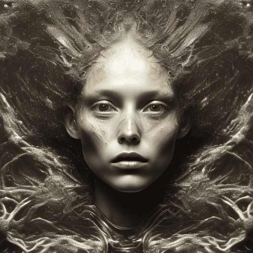 AI generated: a woman, in the style of made of liquid metal, layered fabrications, nicola samori, brian jungen, ex...