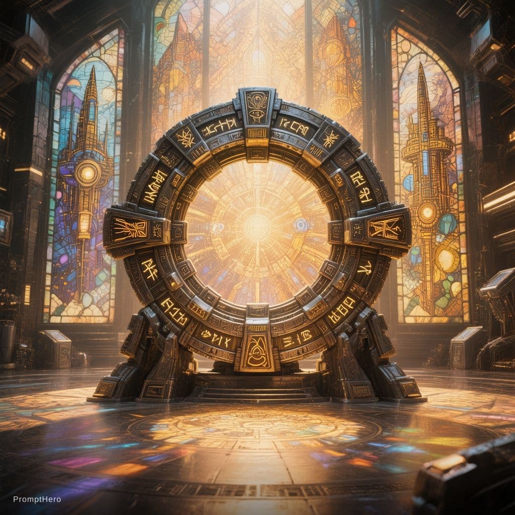 AI generated: A large, circular sci-fi portal ring embedded with glowing glyphs and ancient symbols, standing upri...