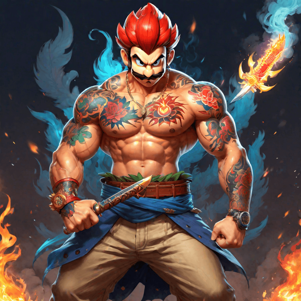 AI generated: concept art muscular super mario breathing fire with yakuza tattoos, anthropomorphic, holding sword,...
