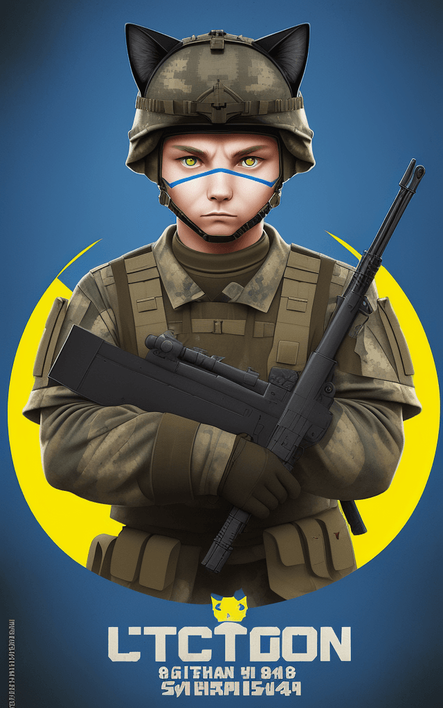 AI generated: Cat-soldier, Ukrainian soldier, poster art, blue yellow, opacity background 