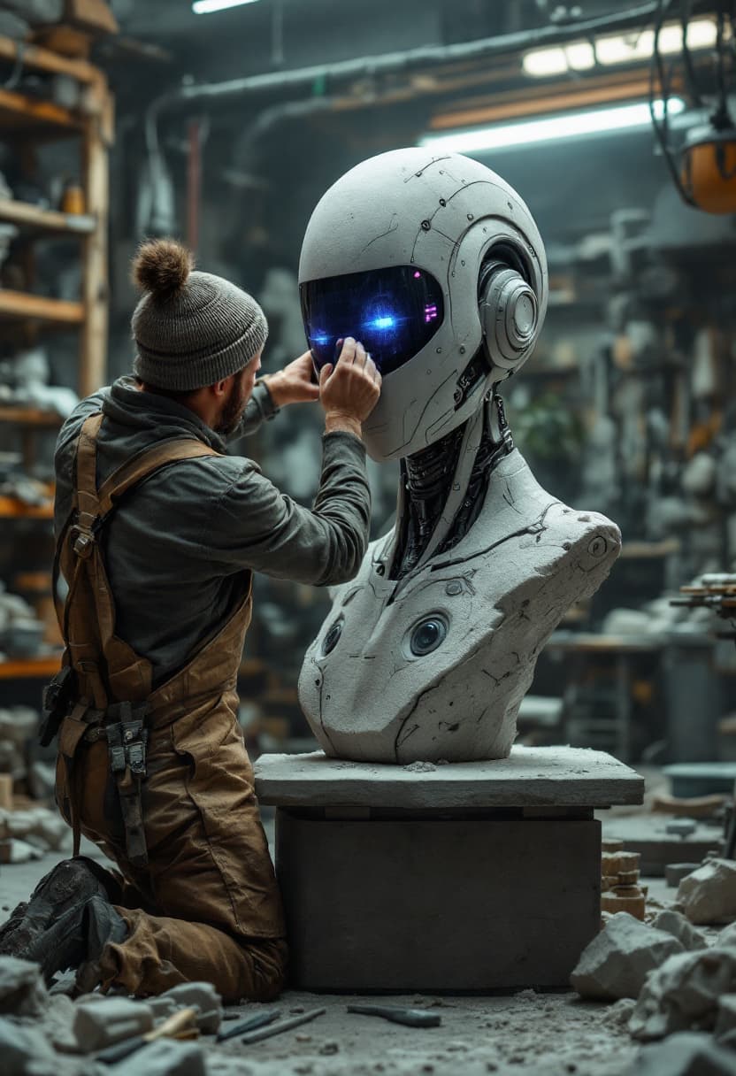 AI generated: A highly detailed cinematic shot capturing a human sculptor from the knees up, skillfully carving a ...