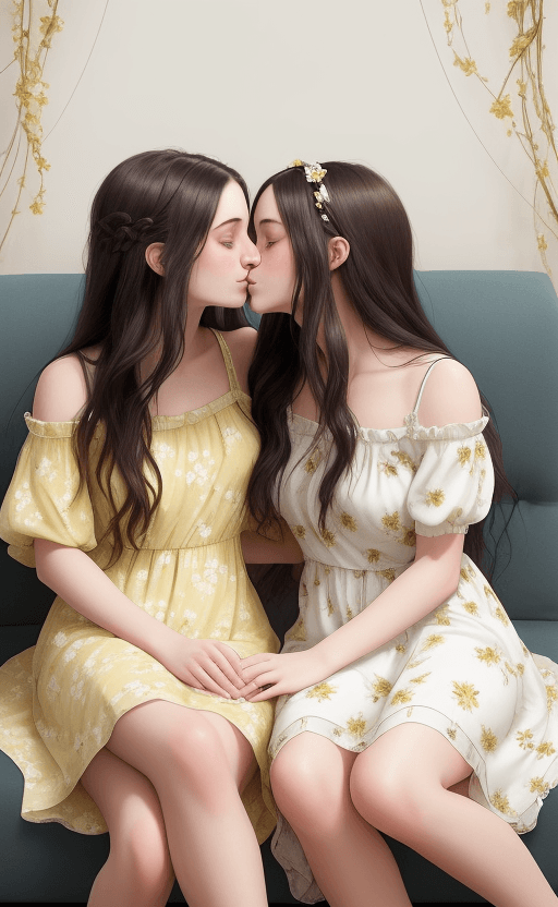 AI generated: Create an image of two young women with long dark hair, sitting close to each other and sharing a ki...