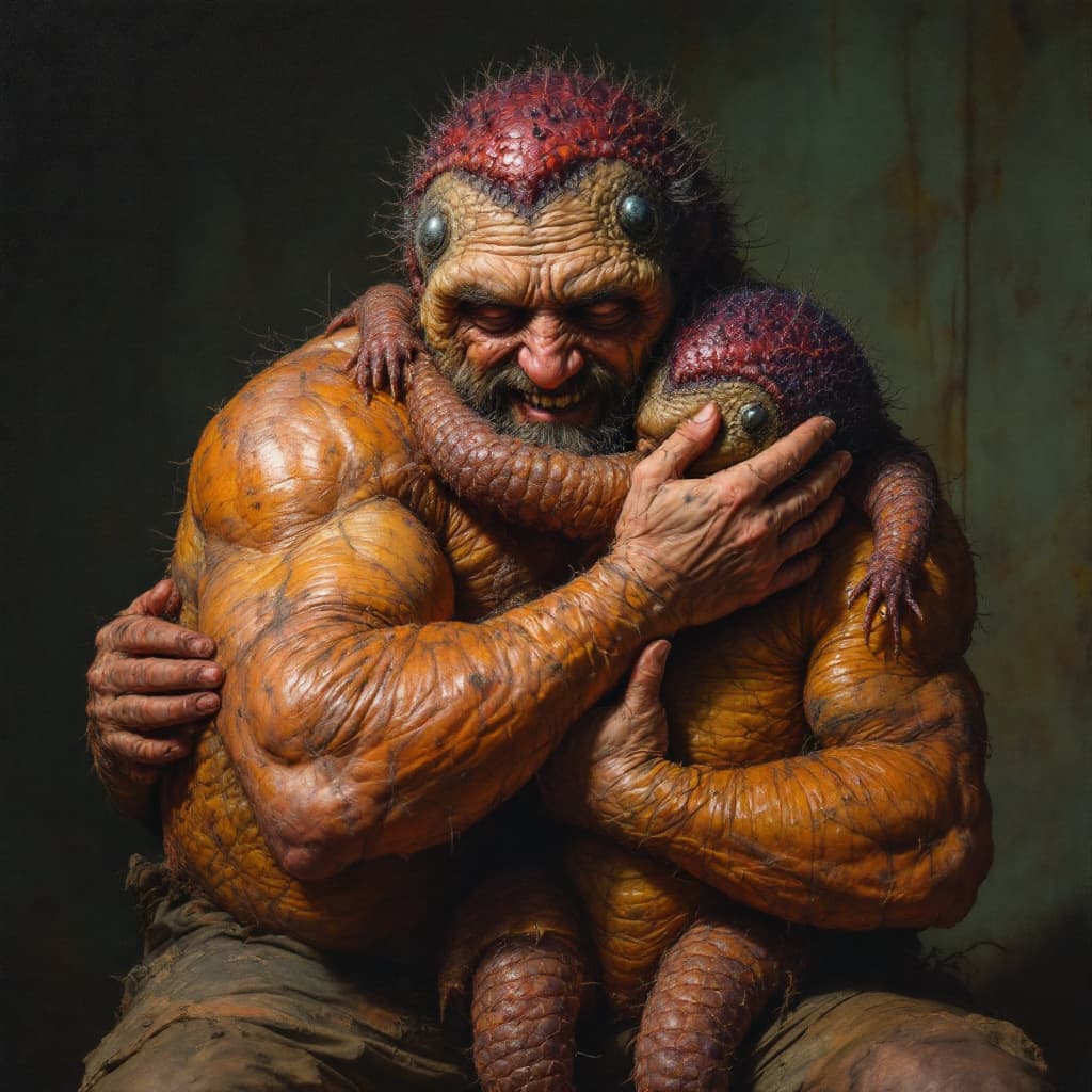 AI generated: a man hugging two huge dermodex mites