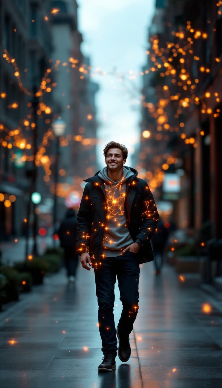 AI generated: 
A hyperrealistic white man walks toward us, facing the camera, along a city sidewalk. Close-up on t...