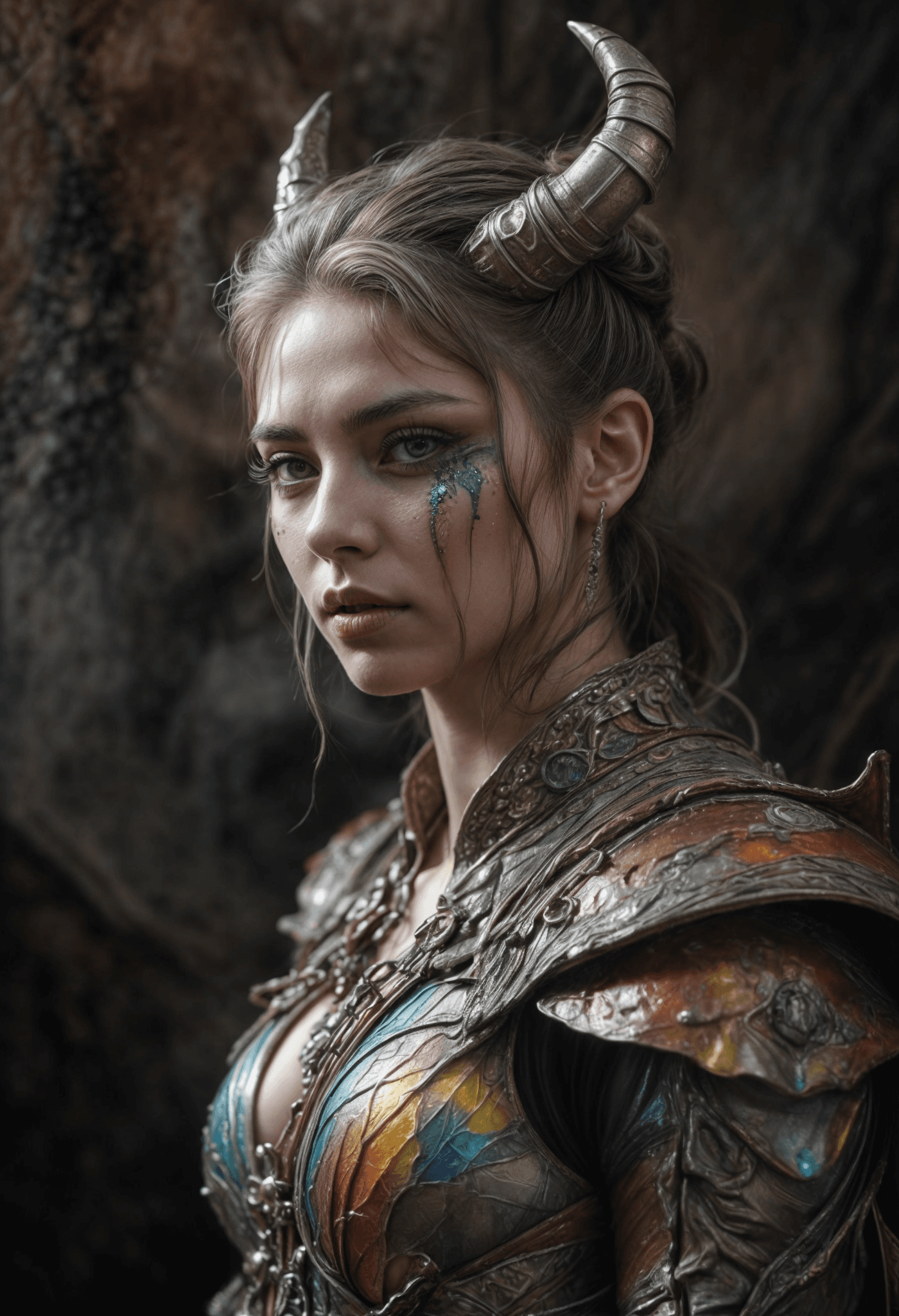 AI generated: Taurus, mystic, silver, rainbow, Rubens on crack style, dnd character portrait, intricate, oil on ca...