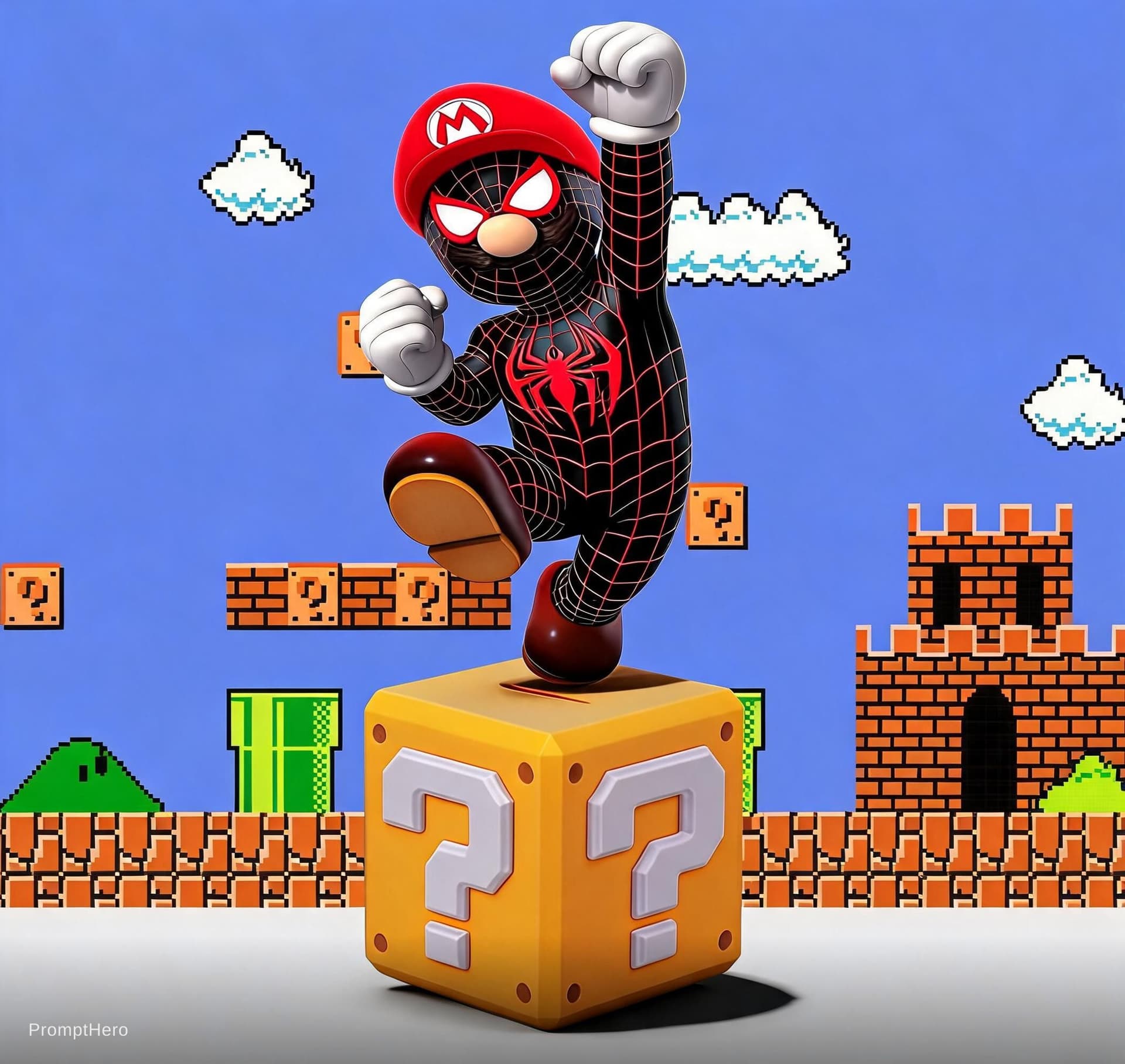 AI generated: Use the provided character-on-cube image and the provided retro platformer background image exactly ...